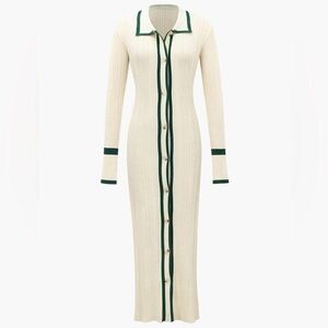 Cream and Green Long Ribbed Dress